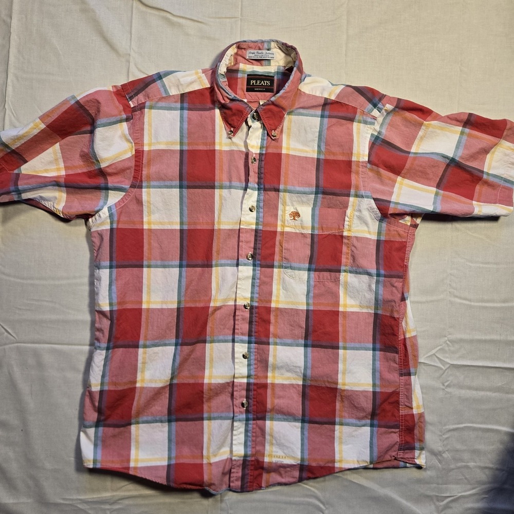 Pleats Shirt Mens Large Multicolor Plaid Button Down Made in USA Casual Cotton
